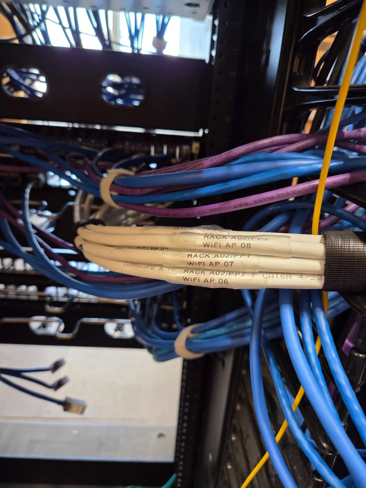 Labeling on every run. Each drop tagged by rack and access point, so troubleshooting takes minutes.