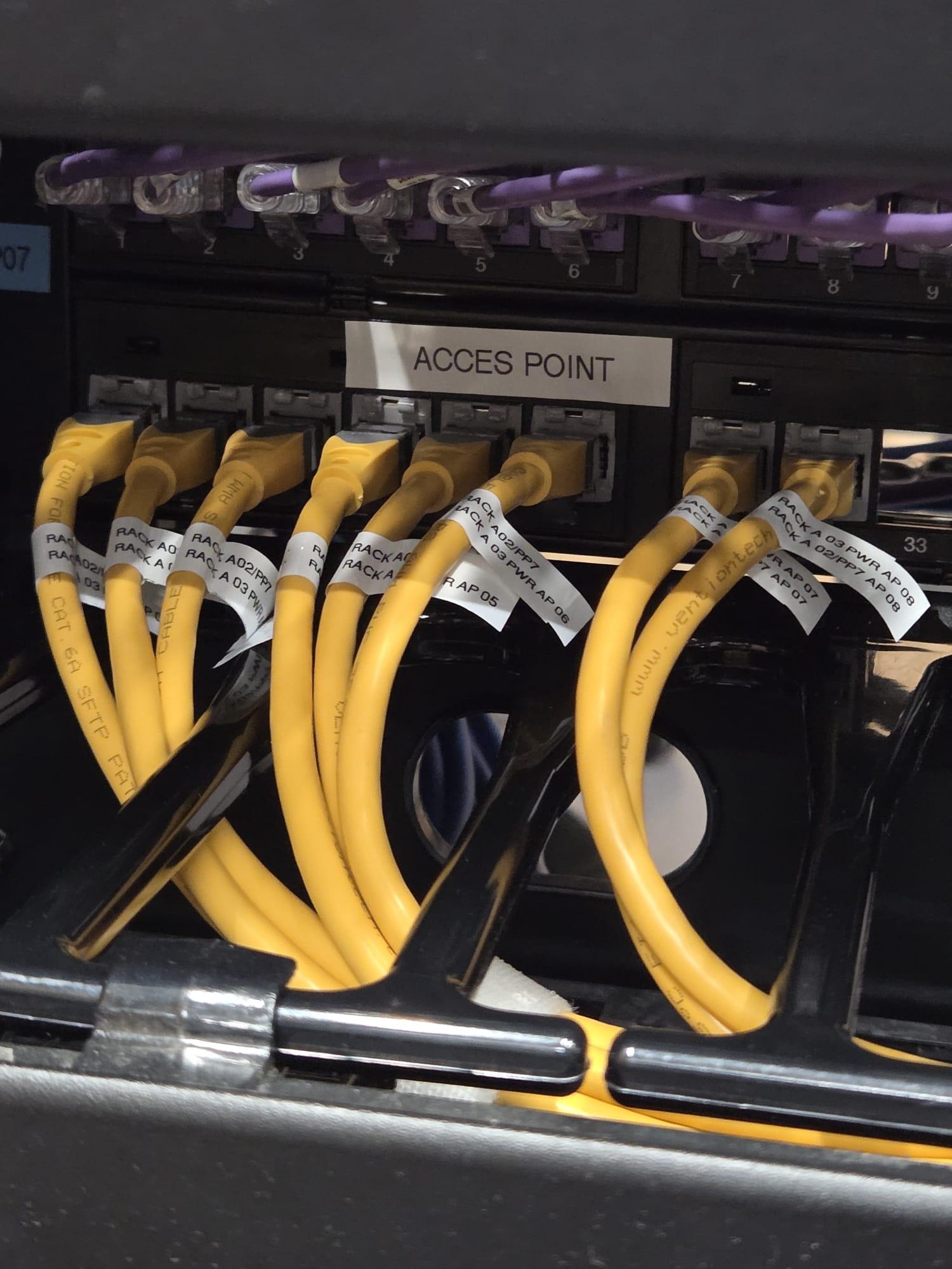 Access point patch panel. Dedicated Wi-Fi patching with color-coded, labeled patch cords.